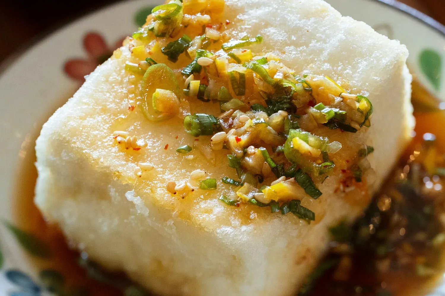 A block of fried tofu in dashi, topped with scallions and chili, in a painted ceramic dish