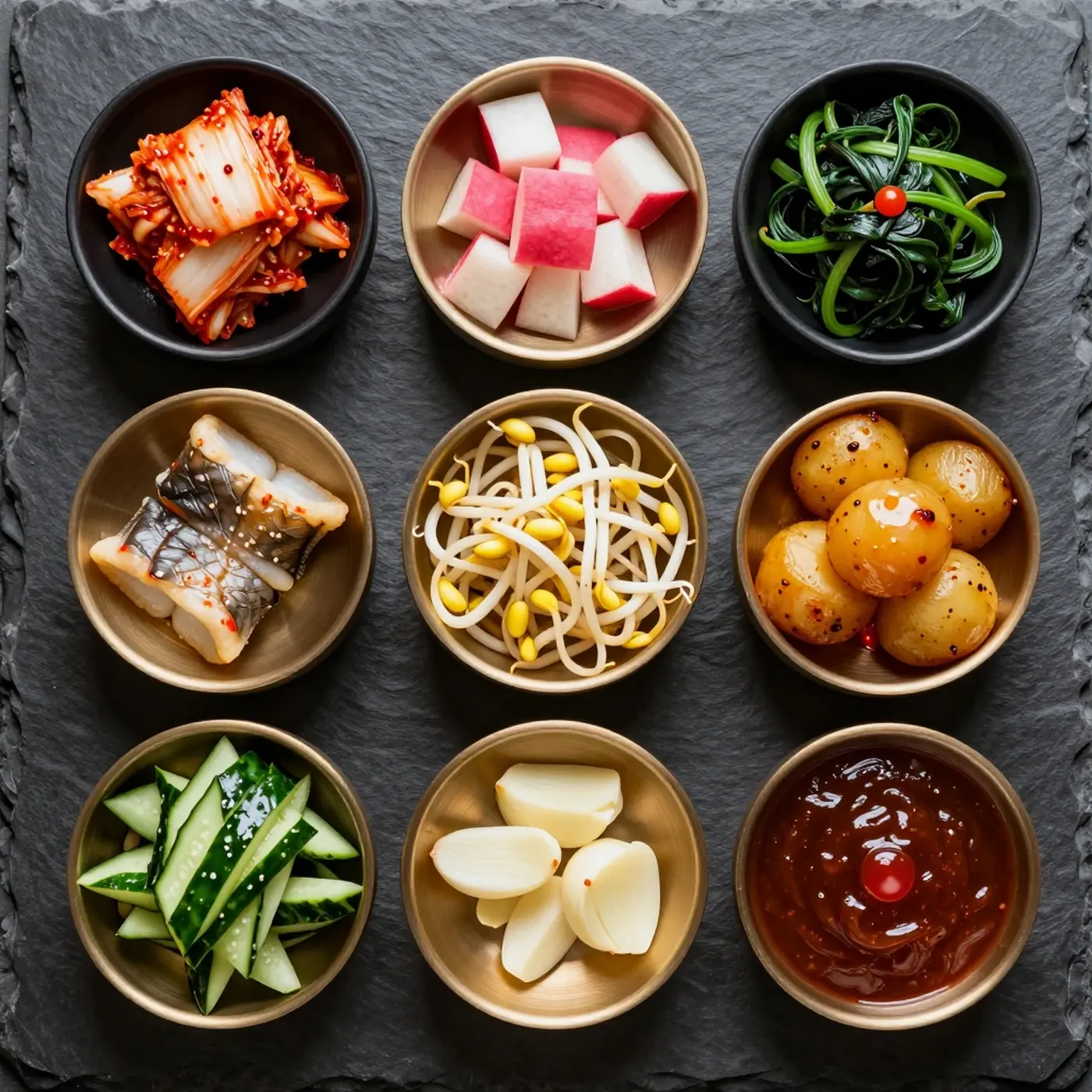 Seasonal banchan in small brass bowls