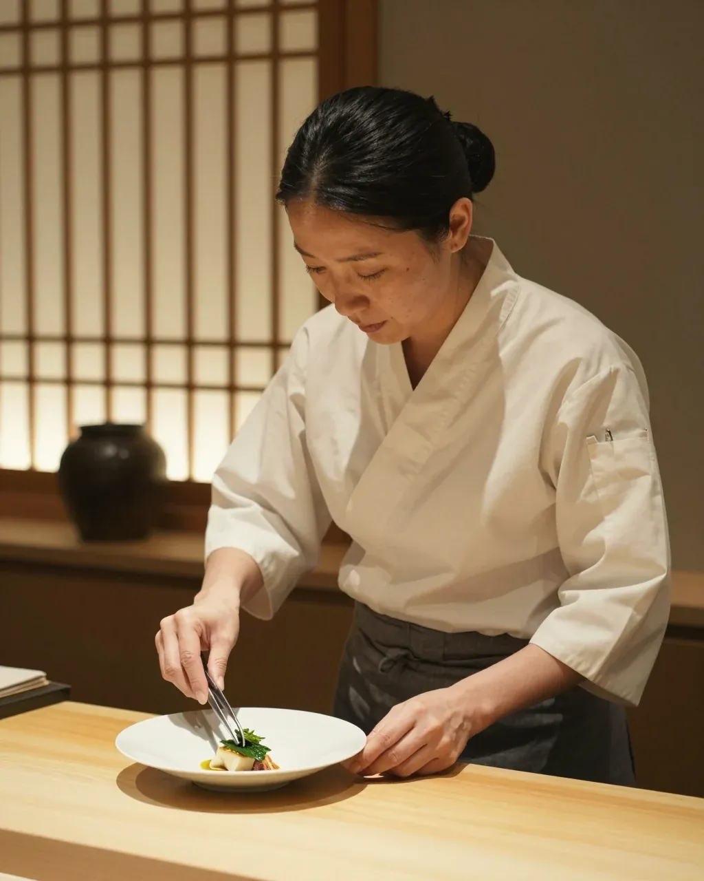 Chef Han Seo-yun finishing a plate at the hinoki counter