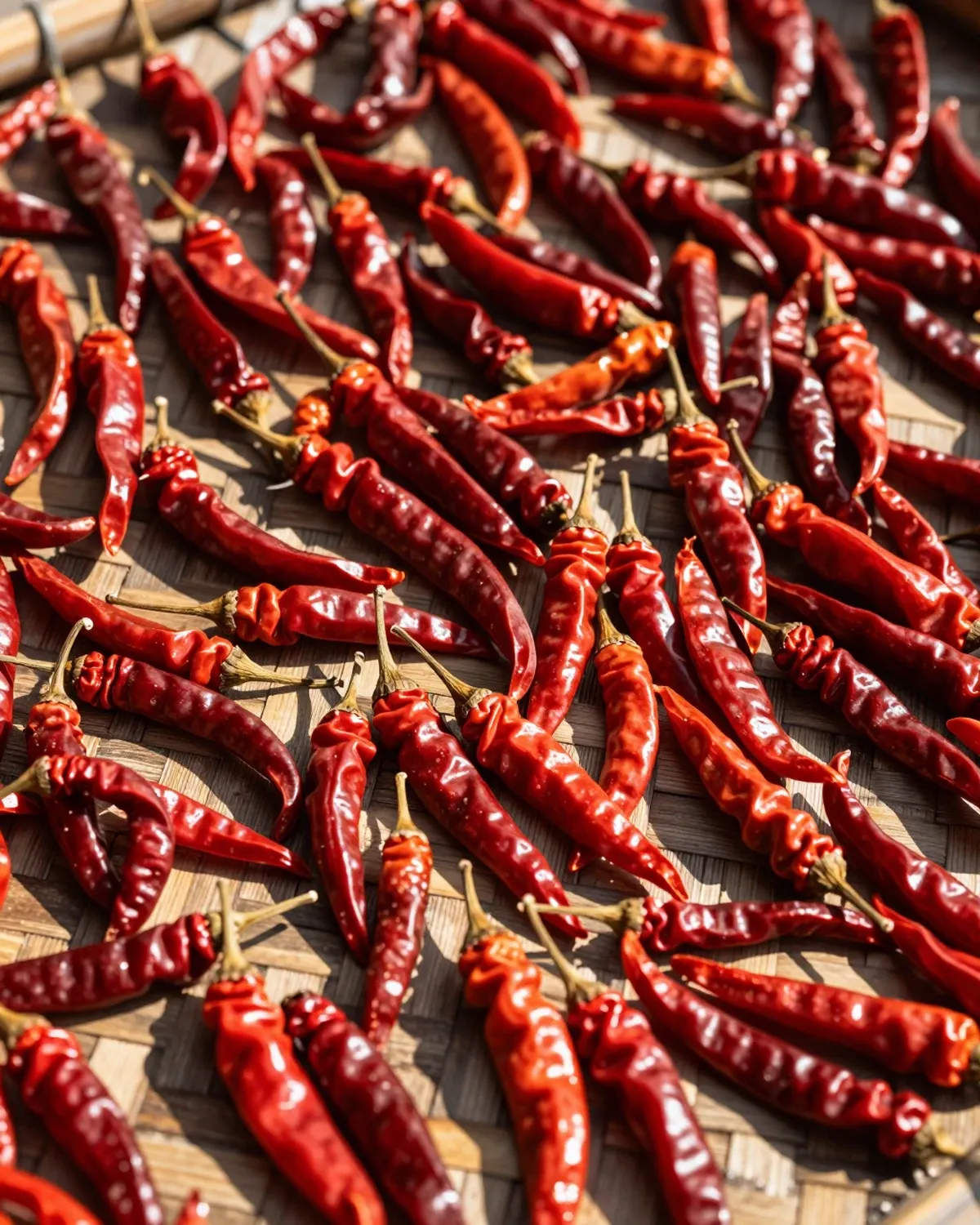 Red chili peppers drying in the sun