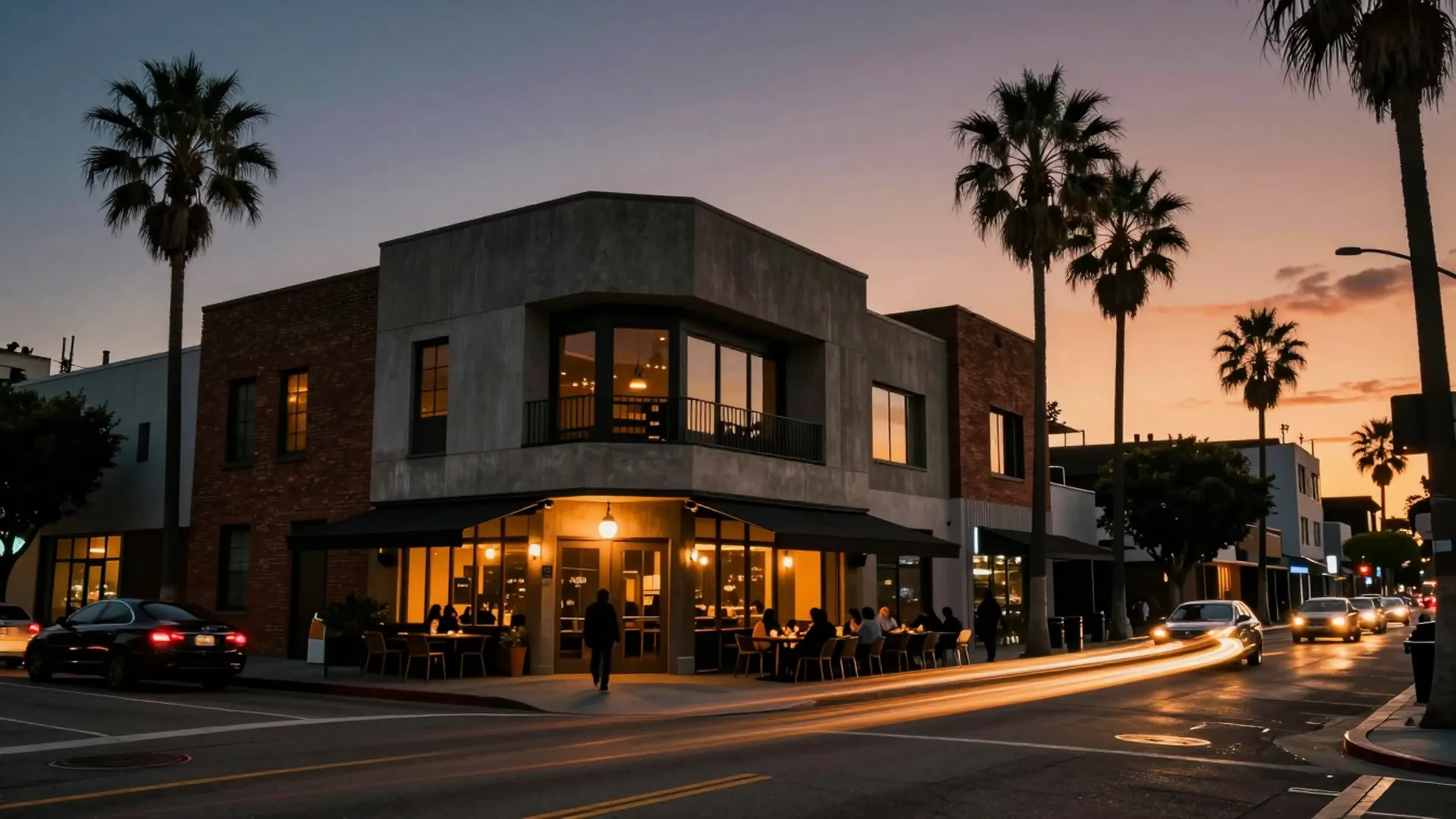 Los Angeles street corner at dusk with a lit mixed-use building and palm trees