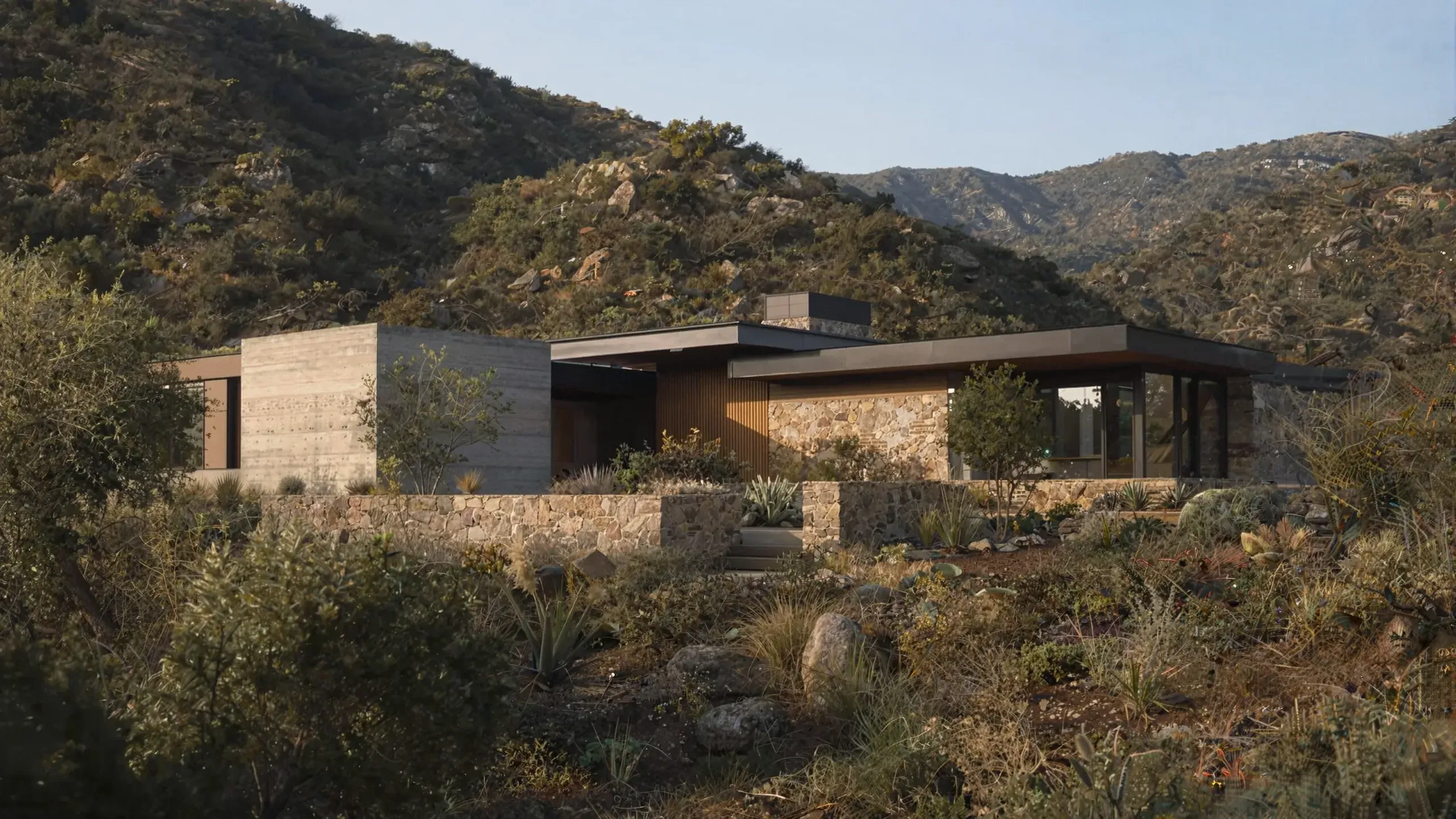 A low concrete, oak and stone house in a chaparral canyon in late afternoon light