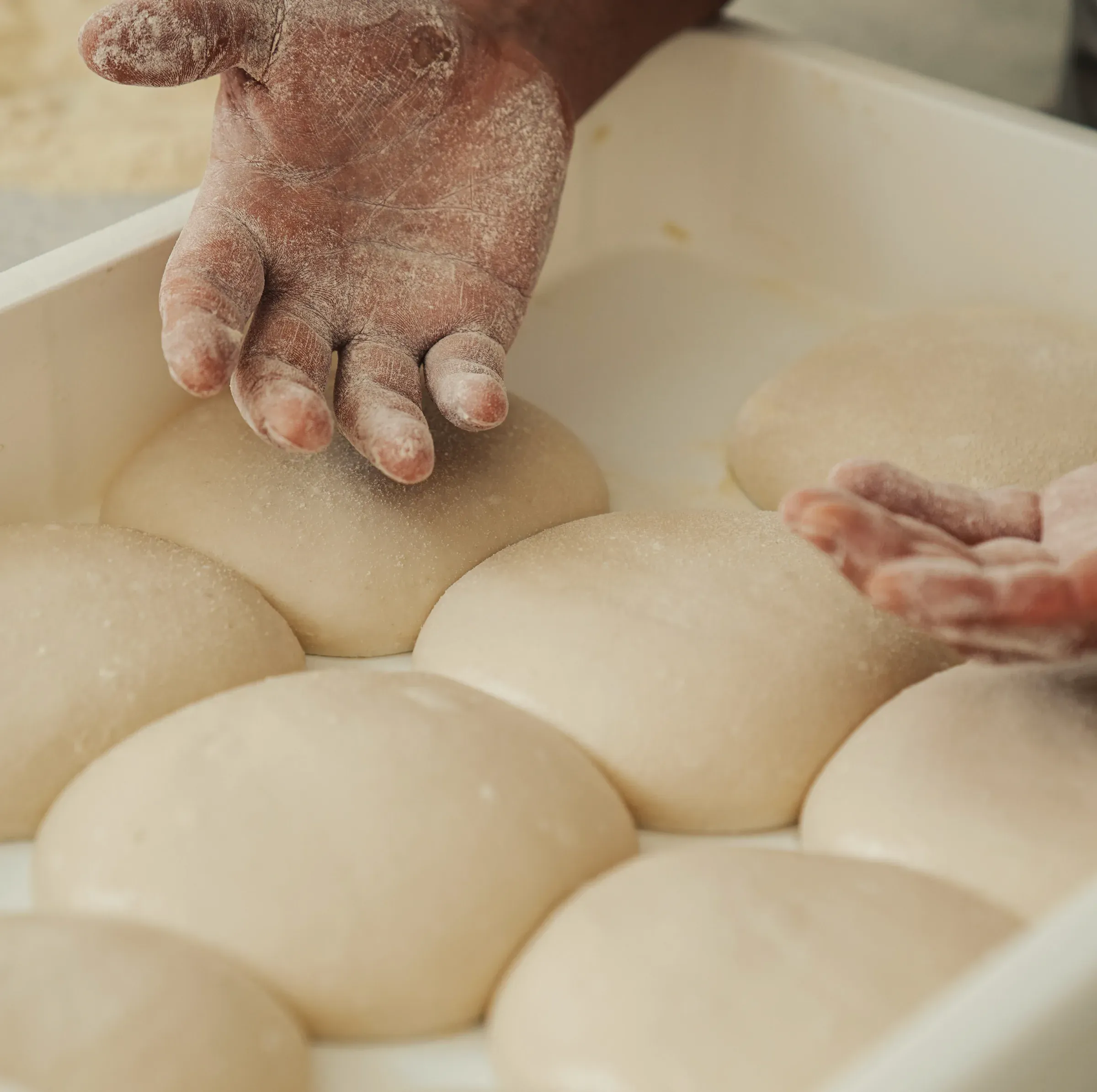 A baker shaping rows of soft dough balls in a white tray