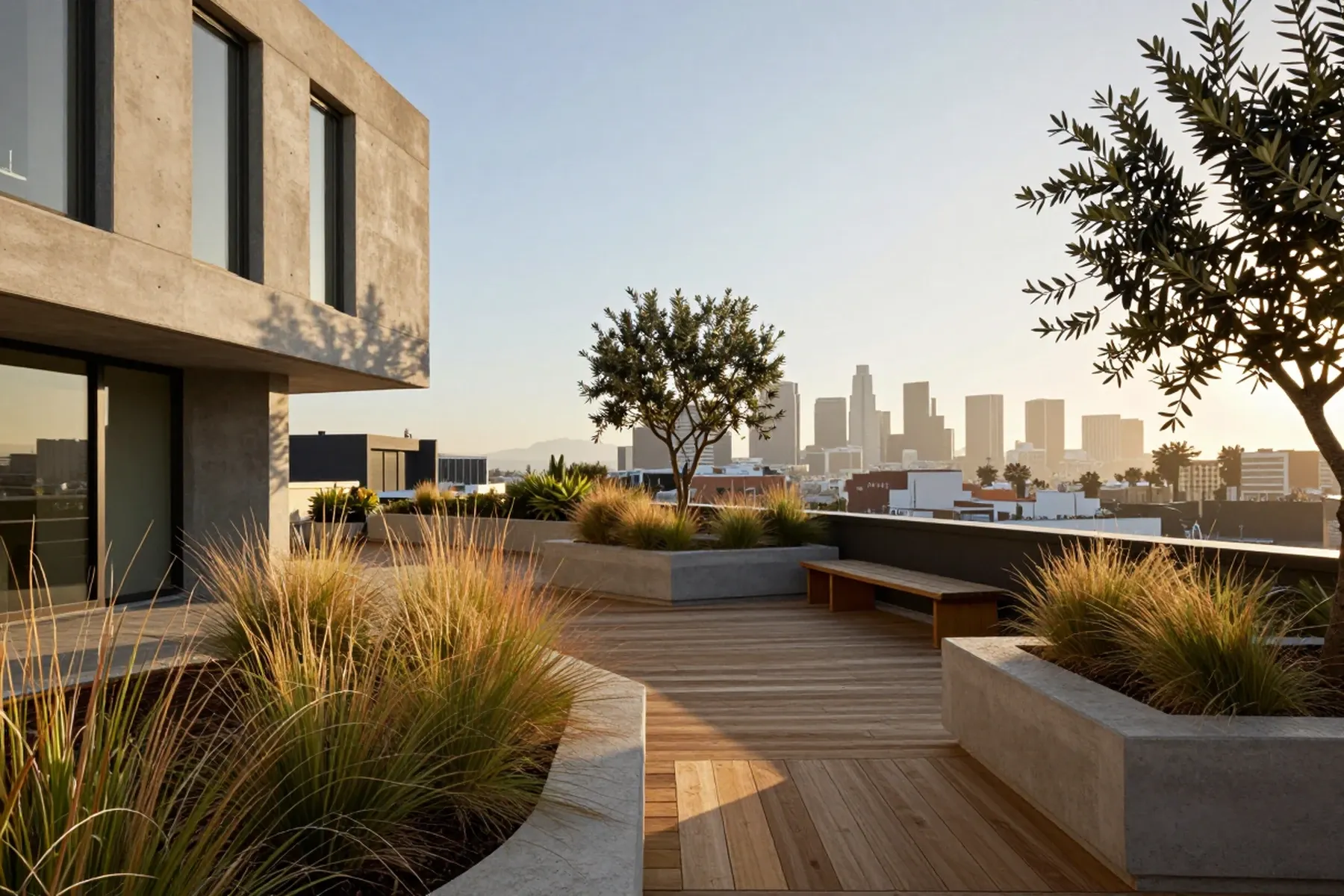 Planted rooftop terrace with the downtown skyline in the distance