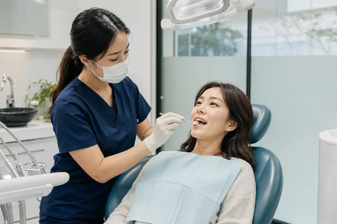 치과위생사가 환자의 치아를 살펴보는 모습