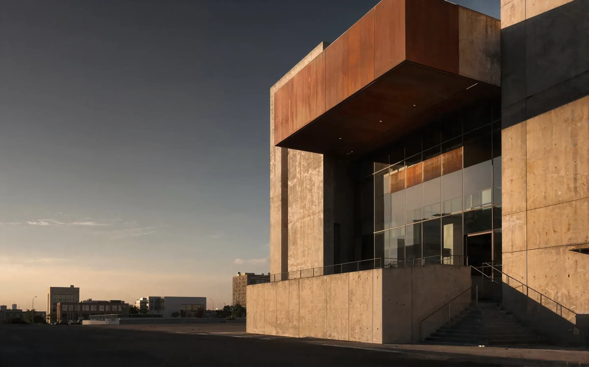A corten steel and concrete building corner at dusk
