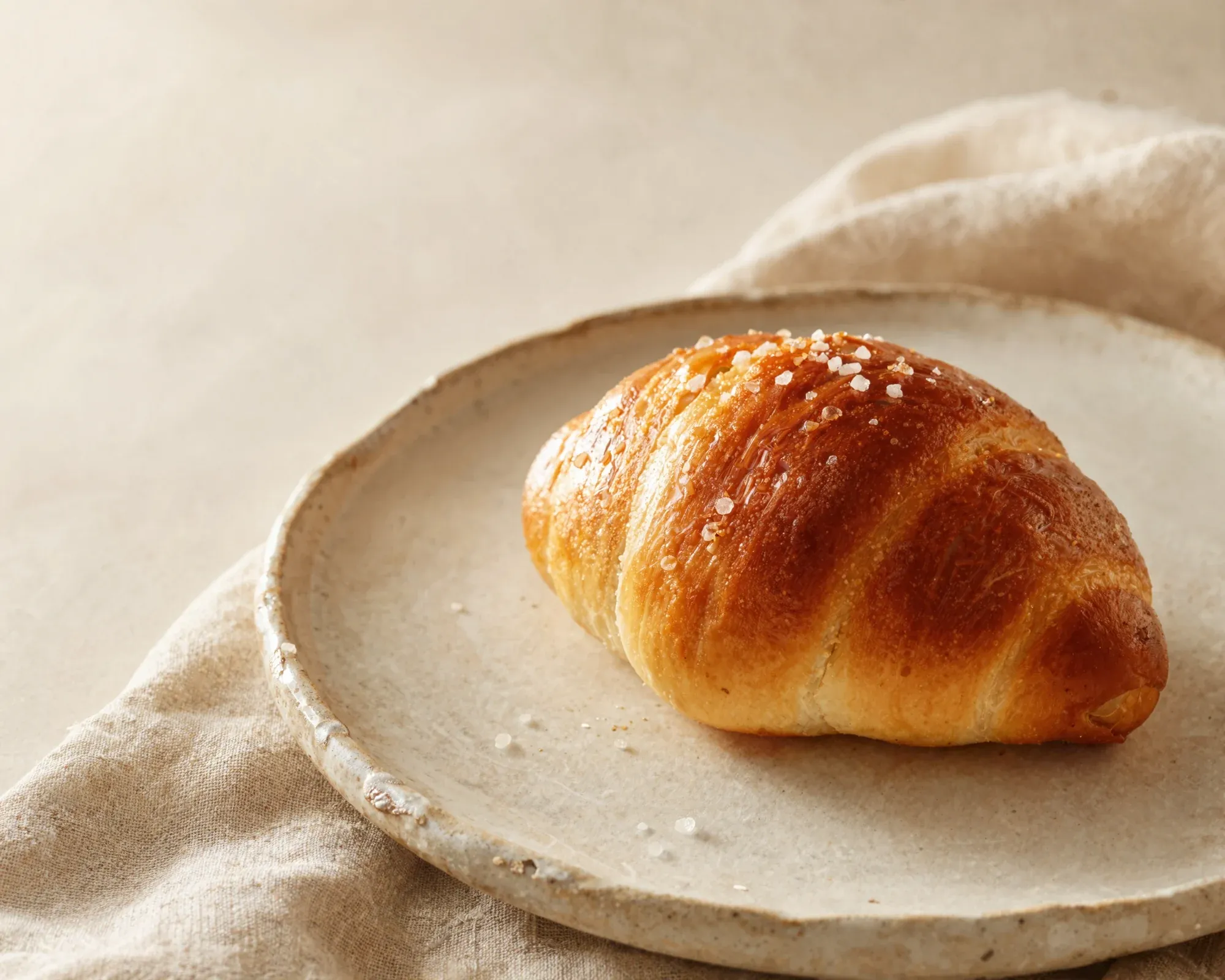 A Korean salt bread roll with sea salt flakes on a stoneware plate