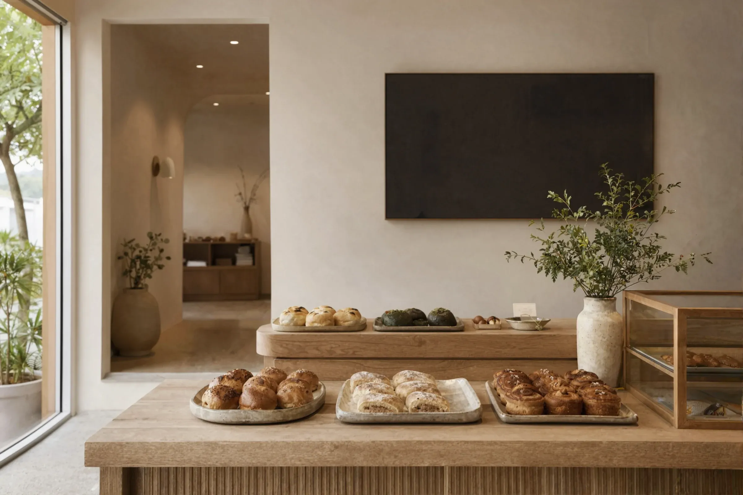 The bakery counter with trays of buns by the window