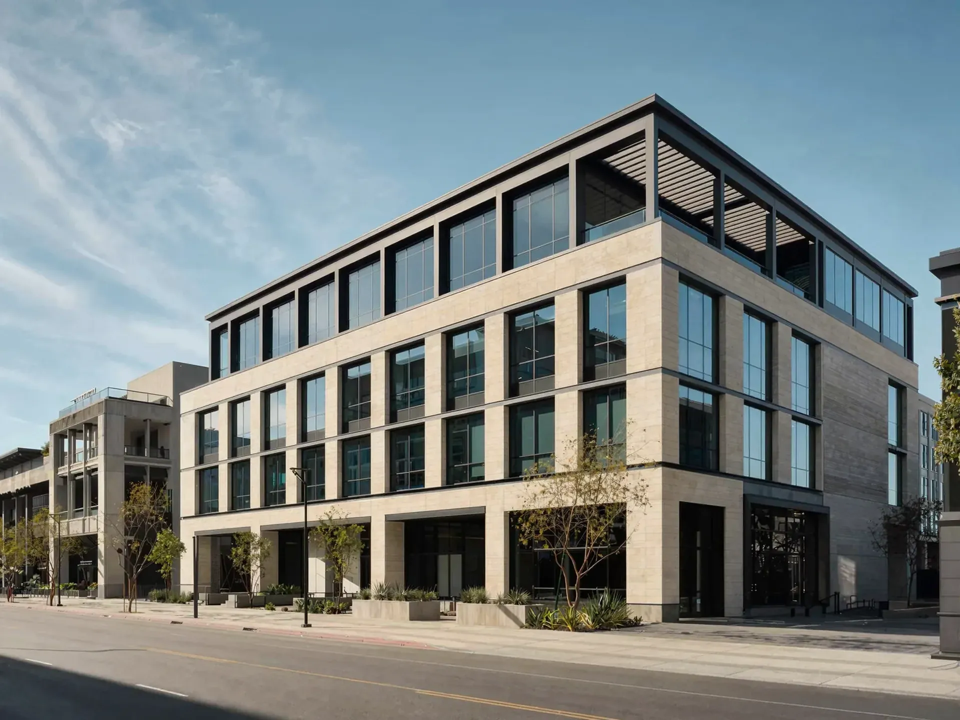 A limestone and glass office building on a quiet street