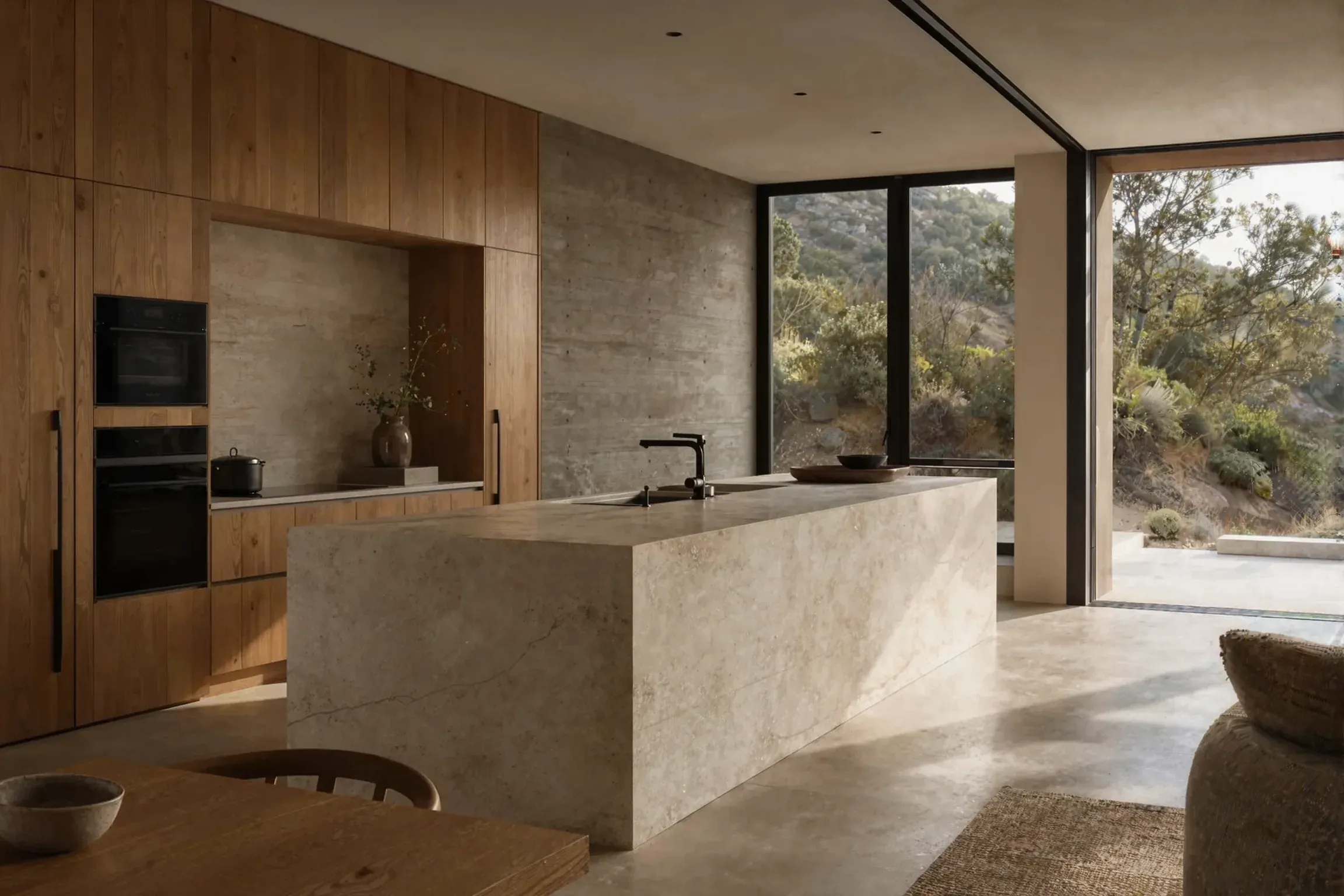 A kitchen with a stone island and a glass wall onto the canyon