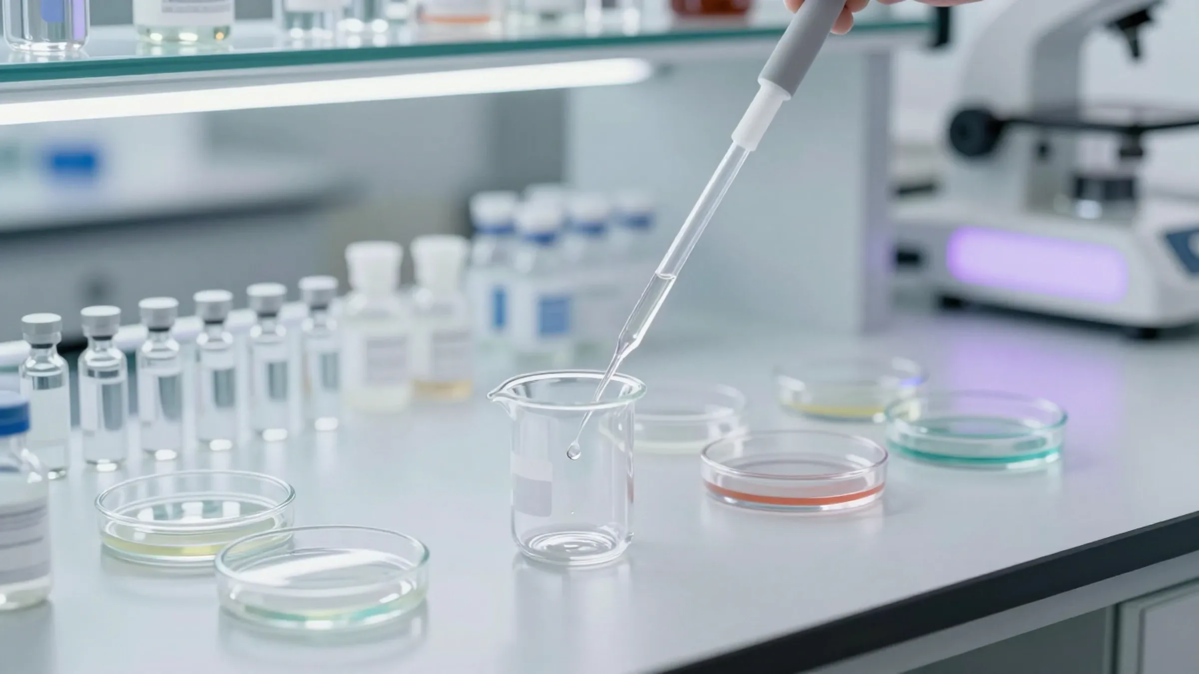 A clean cosmetics lab bench with glass vials and a pipette releasing a drop