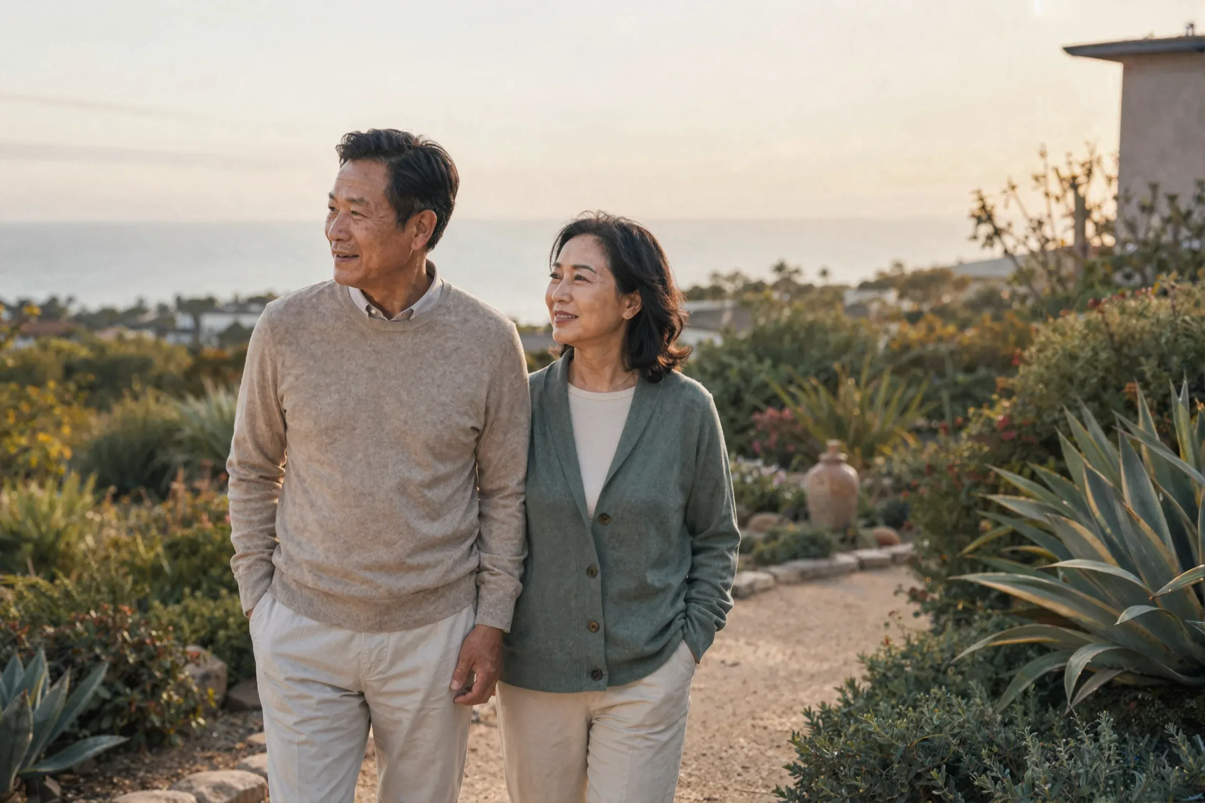 해 질 무렵 바다가 보이는 정원 길을 함께 걷는 한인 부부