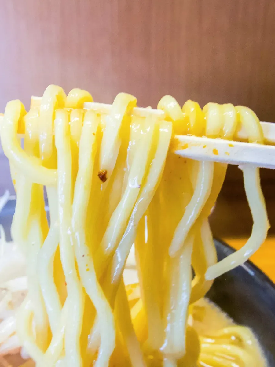 Thick yellow noodles lifted with chopsticks above a black bowl of spicy miso