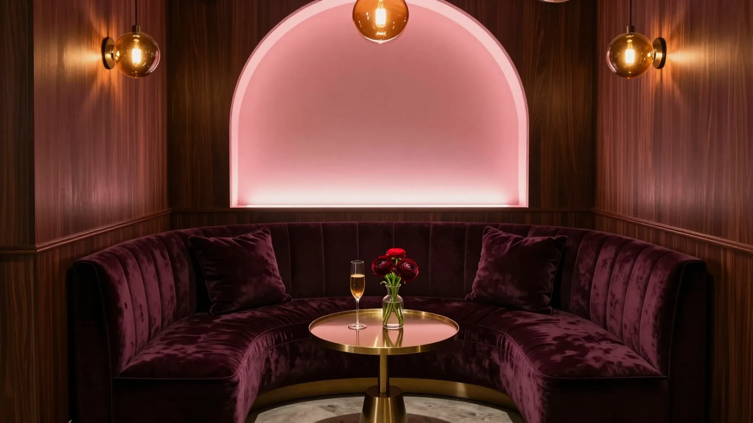 The salon lounge at night: a curved plum velvet sofa, a brass table and amber pendant lights