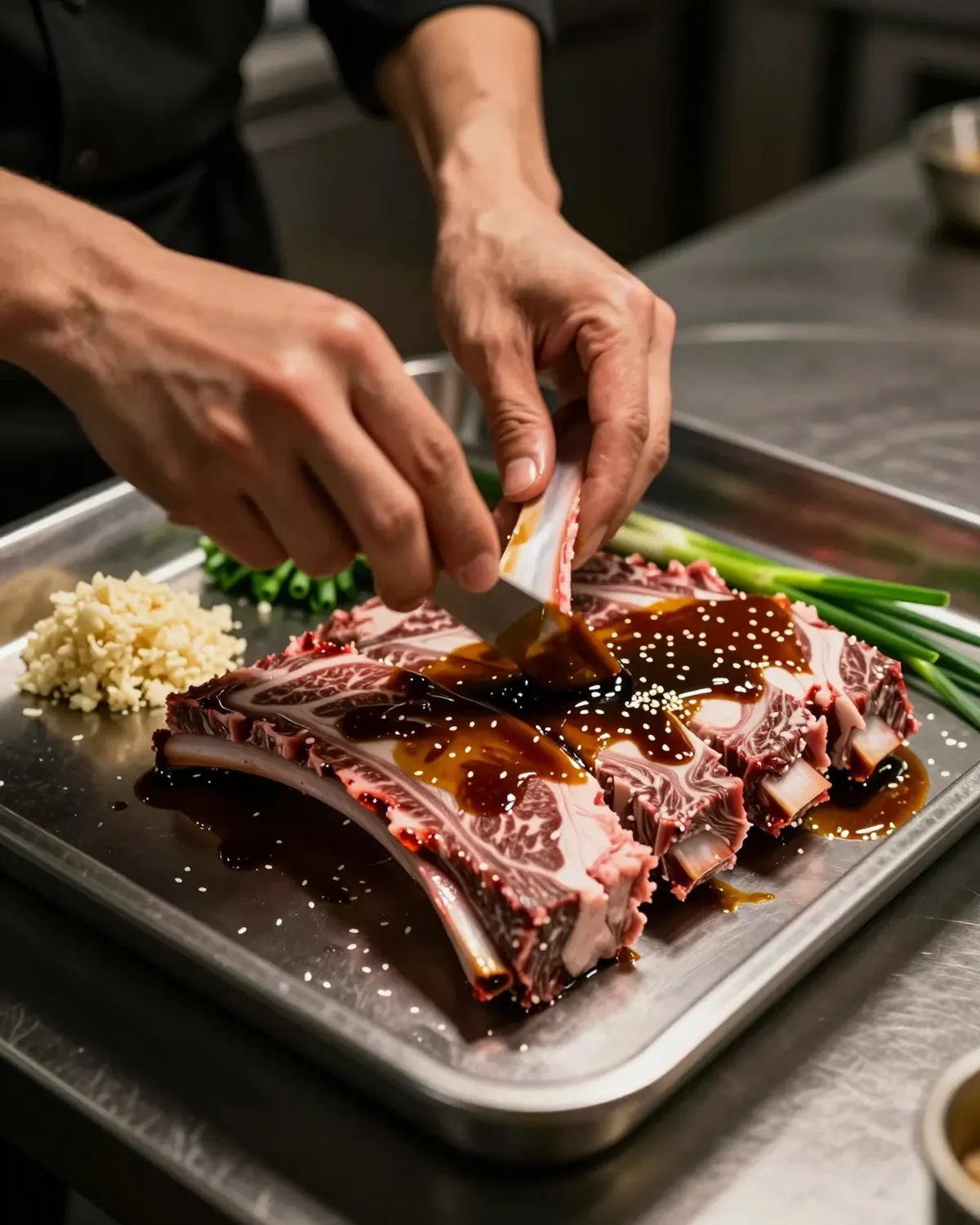 Short ribs resting in a pear and soy marinade