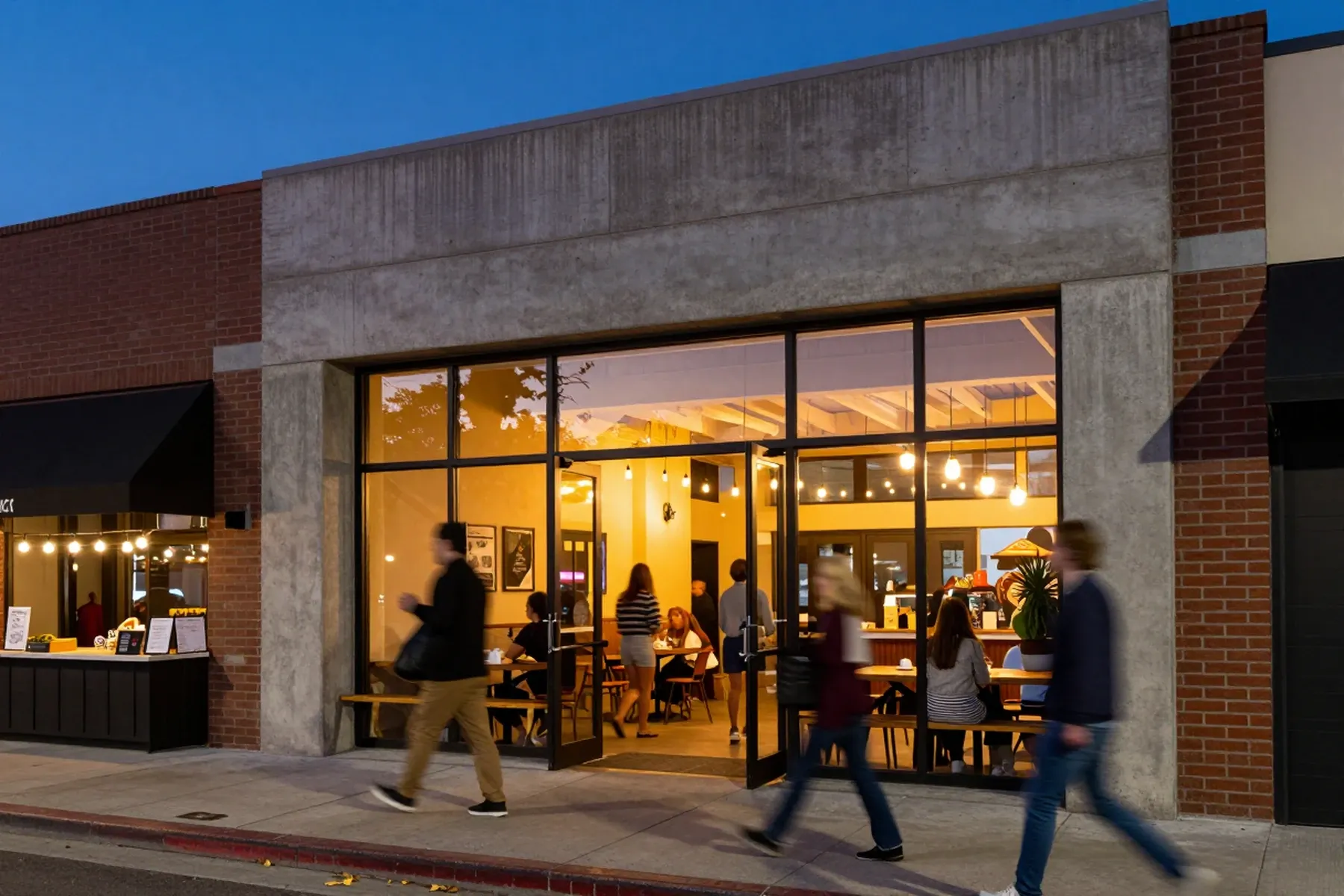 Ground floor café and market open to a busy sidewalk at dusk