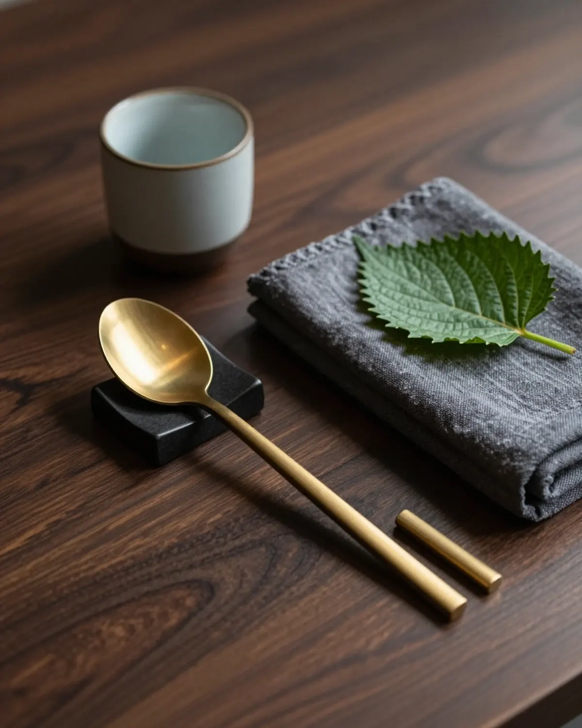 A place setting with brass chopsticks, banchan dishes and a folded napkin