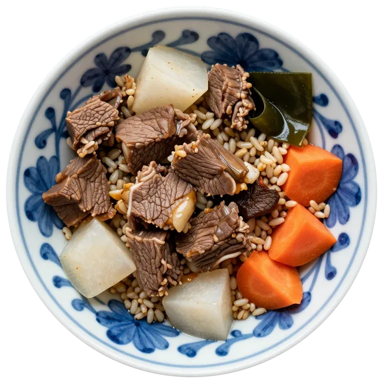 Beef & Radish, in a blue-and-white bowl