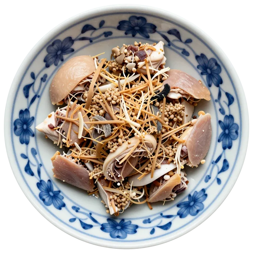Chicken & Pollock, in a blue-and-white bowl