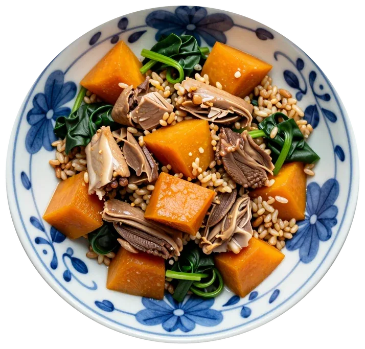 Duck & Kabocha, in a blue-and-white bowl