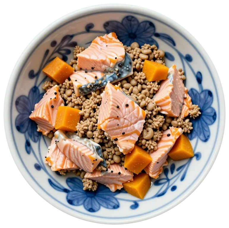 Salmon & Pumpkin, in a blue-and-white bowl