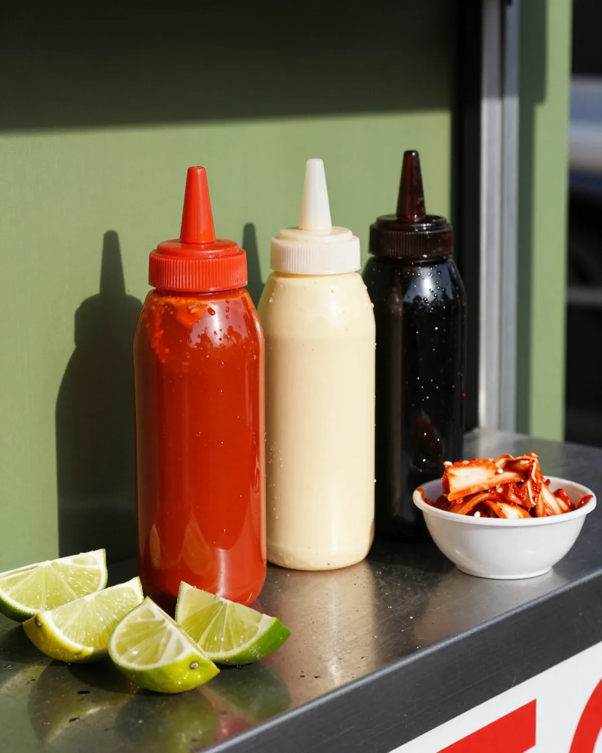 Squeeze bottles of red gochujang, white sesame and dark soy-garlic sauce beside limes and kimchi