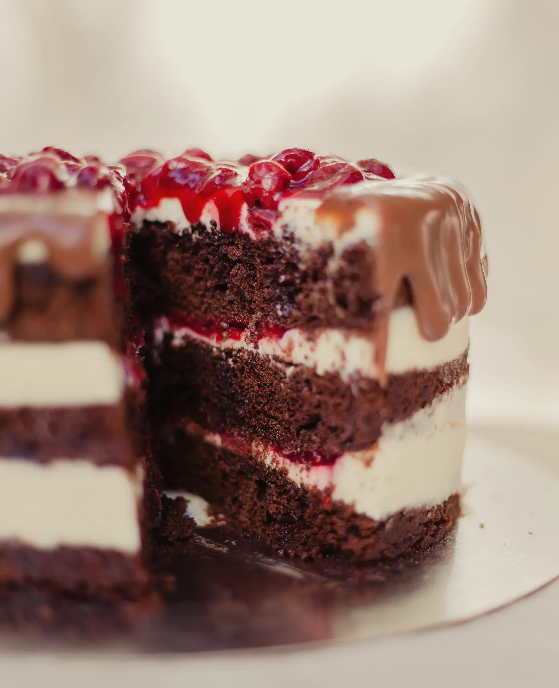 A cut chocolate layer cake