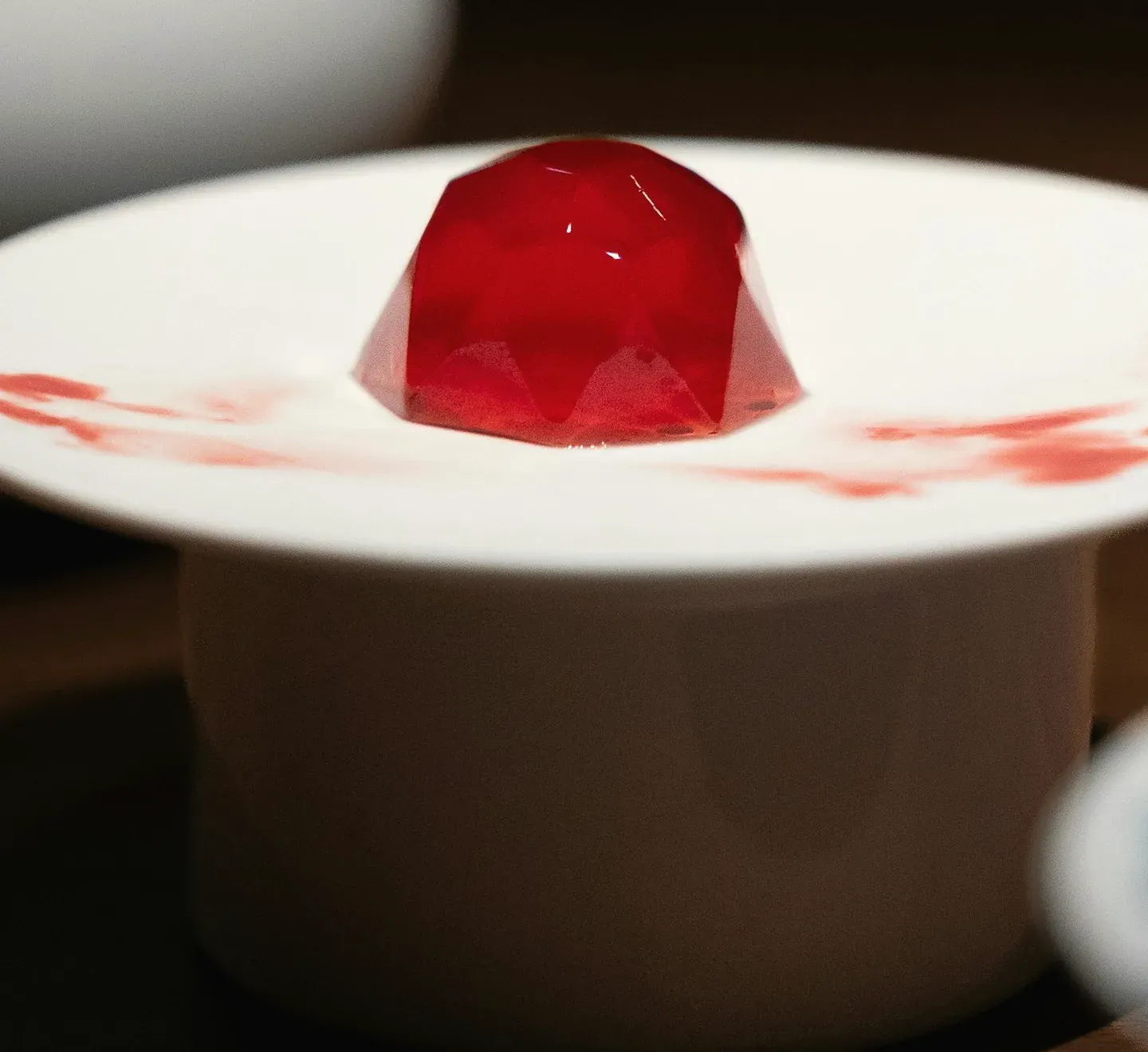 A faceted ruby-red omija jelly on a raised white porcelain dish