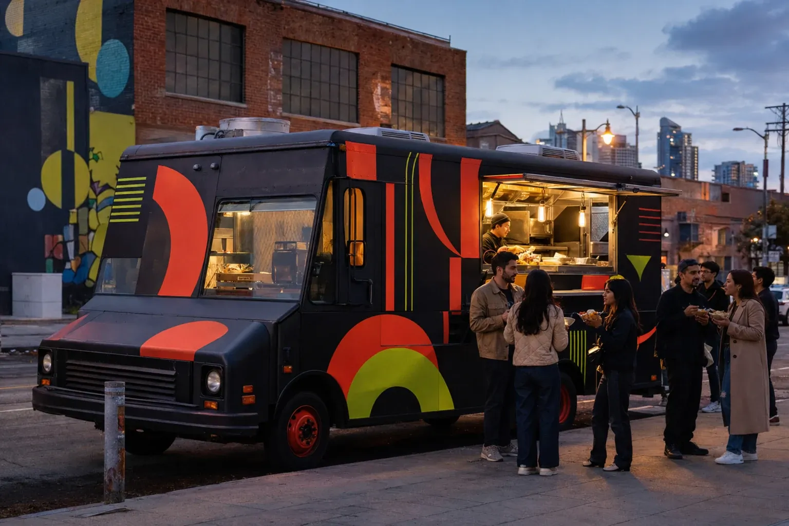 The Seoul Fire truck at dusk in the Arts District, a cook at the window and people eating tacos